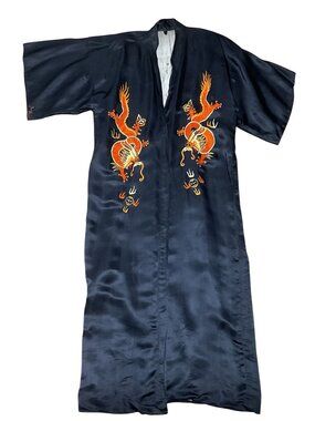 Vintage Black Silk Robe With Orange Embroidered Dragon Motif Open Front Long